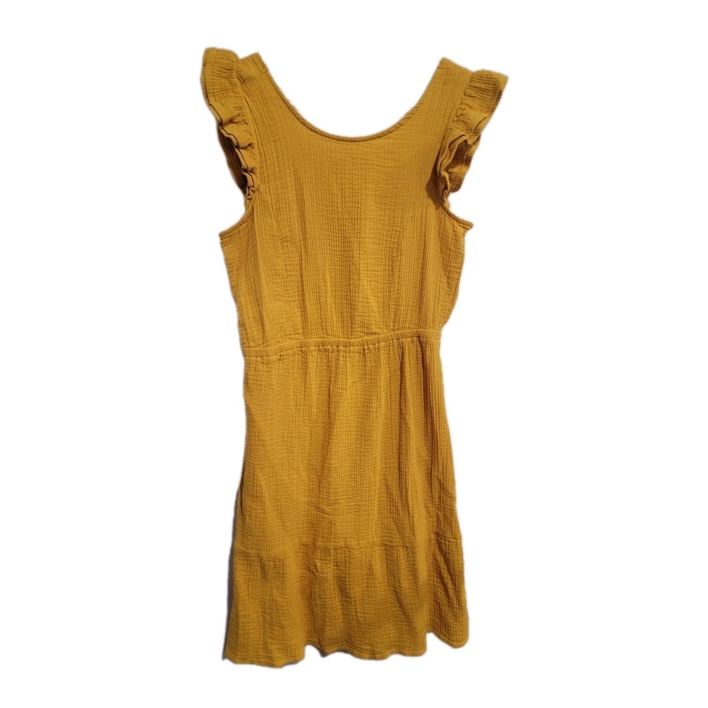 Madison Grey Mustard Yellow Cotton Gauze Midi Dress L Ruffle Sleeve Open Back